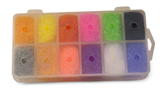 Hareline Steelhead Ice Dub Dispenser highlights 12-color compartments for versatile fly tying.