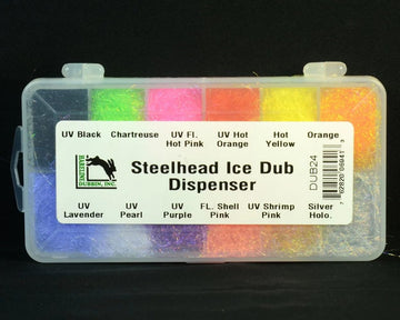 Hareline Steelhead Ice Dub Dispenser color samples illustrating a vibrant Ice Dub lineup.