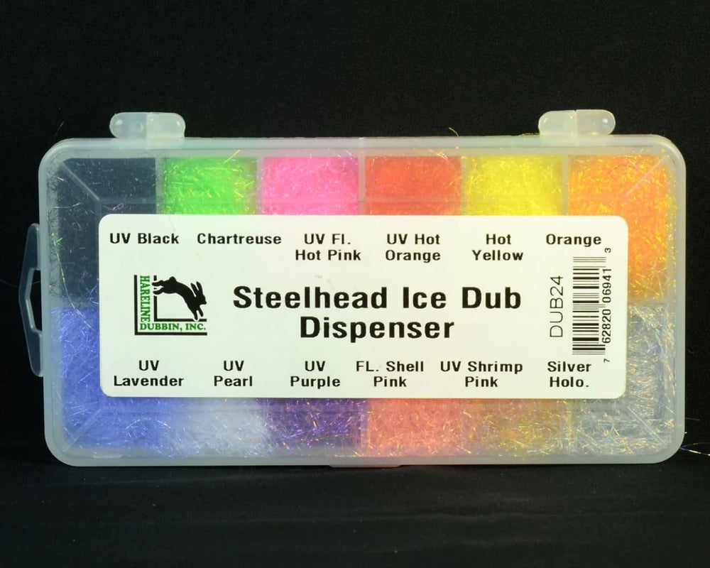 Hareline Steelhead Ice Dub Dispenser color samples illustrating a vibrant Ice Dub lineup.