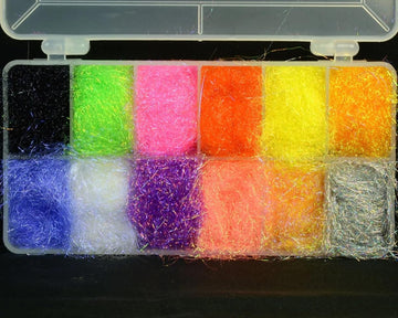 Hareline Steelhead Ice Dub Dispenser with open lid showing 12 color compartments for quick choice.