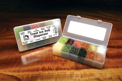 Hareline Trout Ice Dub Dispenser with 12 colors for precise trout fly dubbing