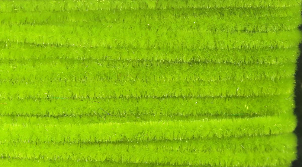 Hareline Ultra Chenille micro-worm-green closeup emphasizes dense fibers for bulk.