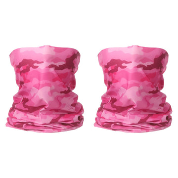 HARFINGTON camo pink neck gaiter worn during outdoor activities for sun and wind protection.