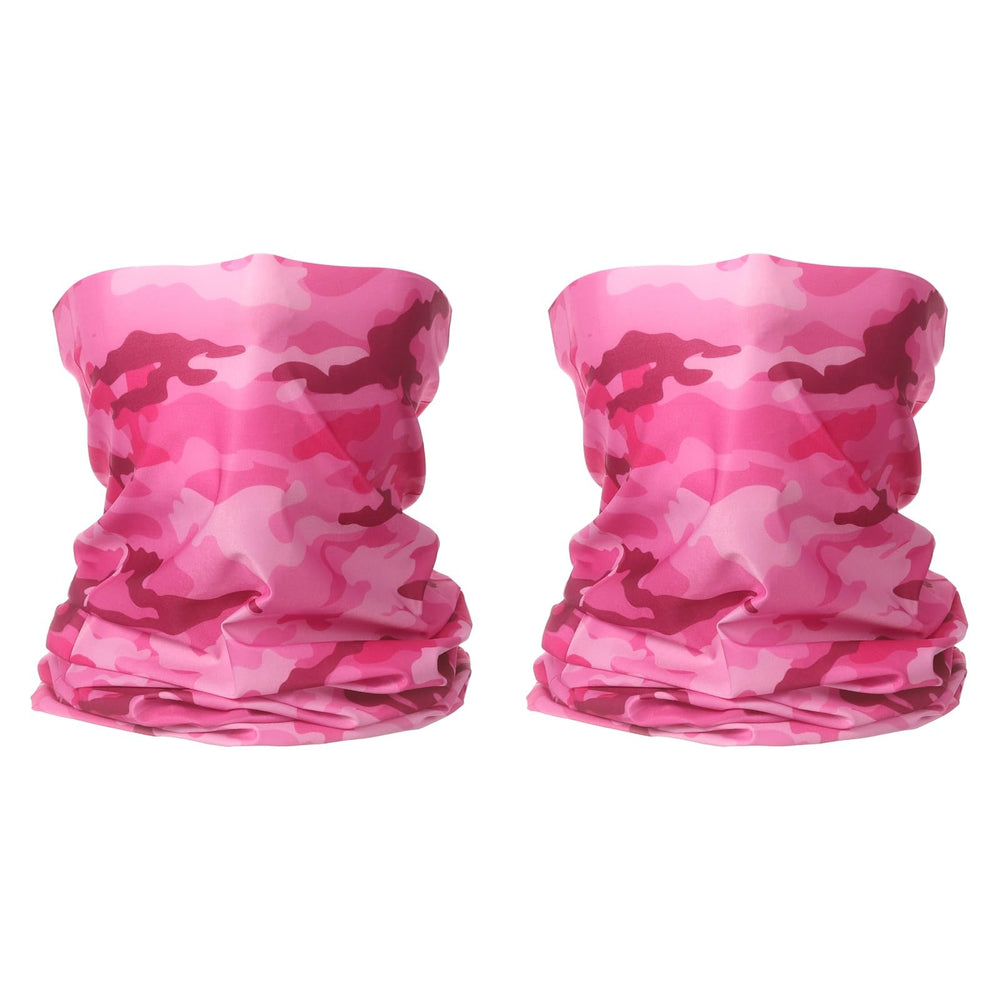 HARFINGTON camo pink neck gaiter worn during outdoor activities for sun and wind protection.