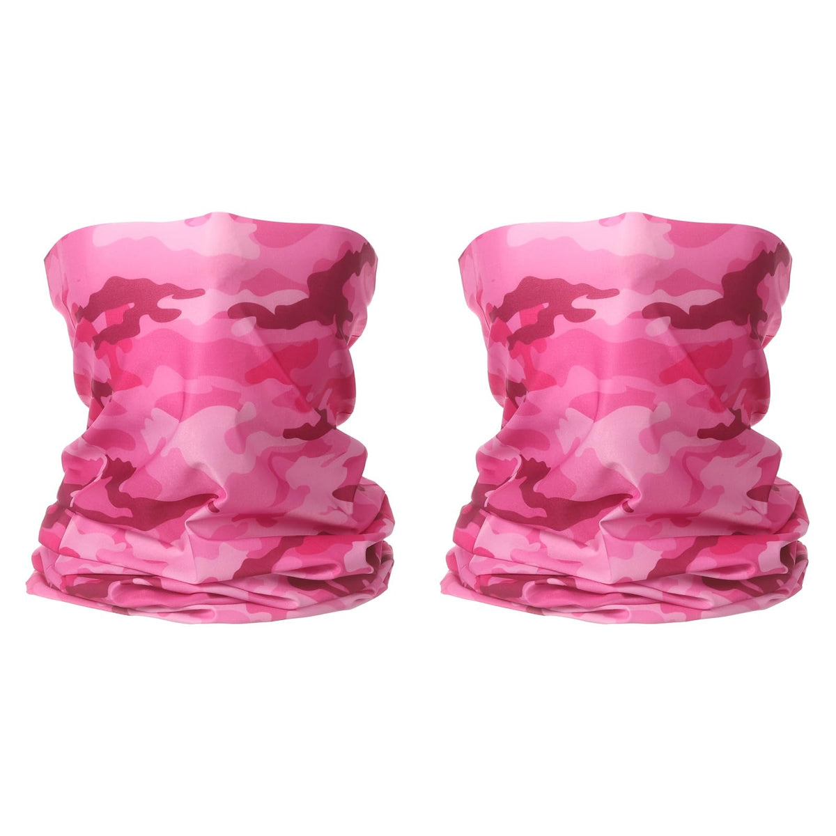 HARFINGTON camo pink neck gaiter worn during outdoor activities for sun and wind protection.