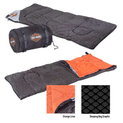 Harley-Davidson Bar & Shield sleeping bag in campsite setup for cozy nights.