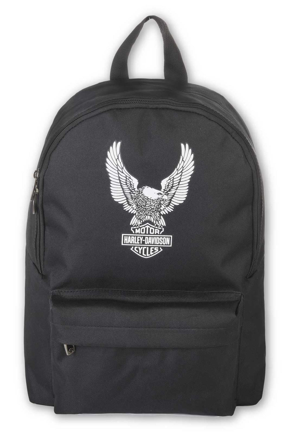 Harley-Davidson Eagle Rugged Backpack front view highlights durable high-density polyester.