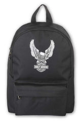 Harley-Davidson Eagle Rugged Backpack front view highlights durable high-density polyester.