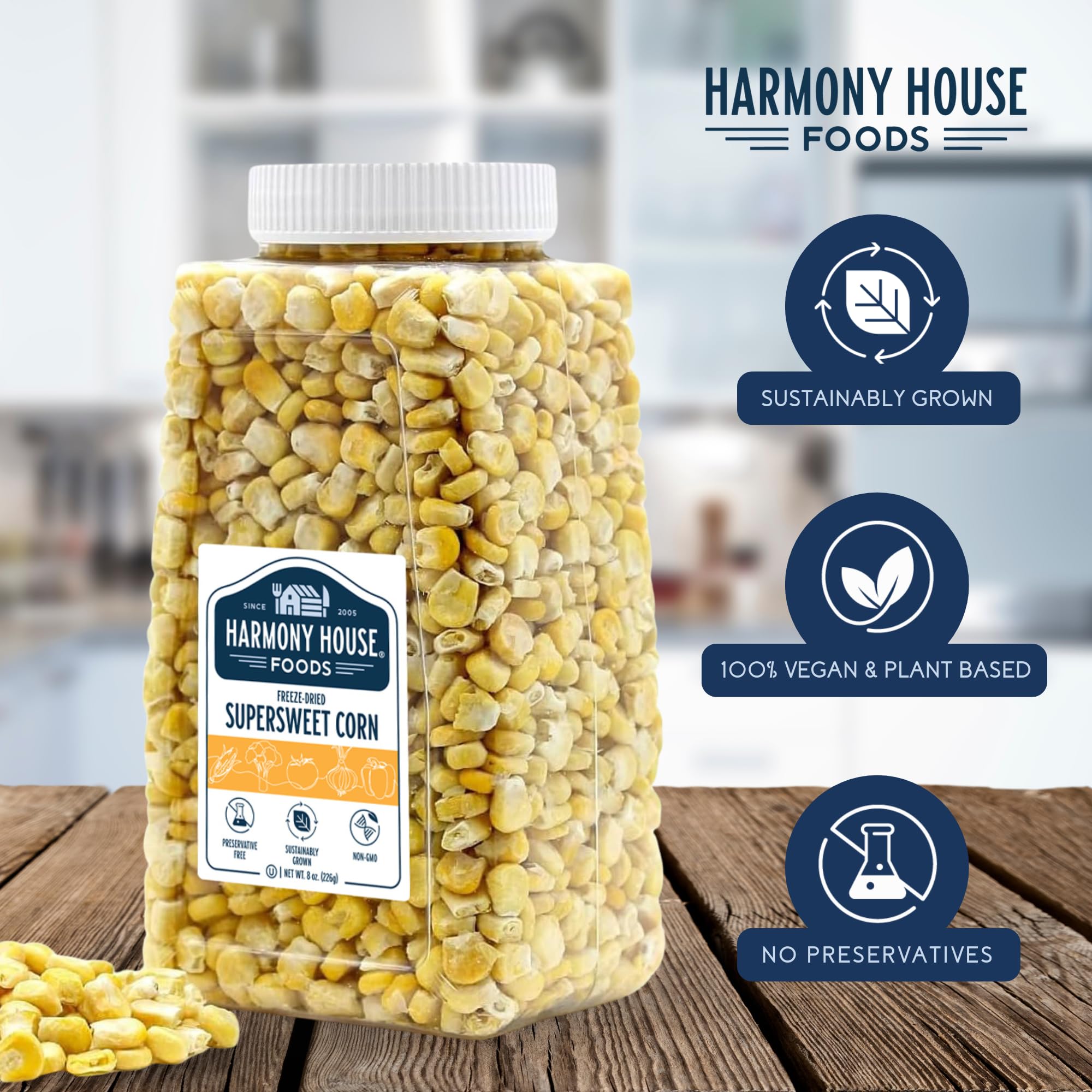 Harmony House corn chowder ingredients with rehydrated corn for hearty soup.