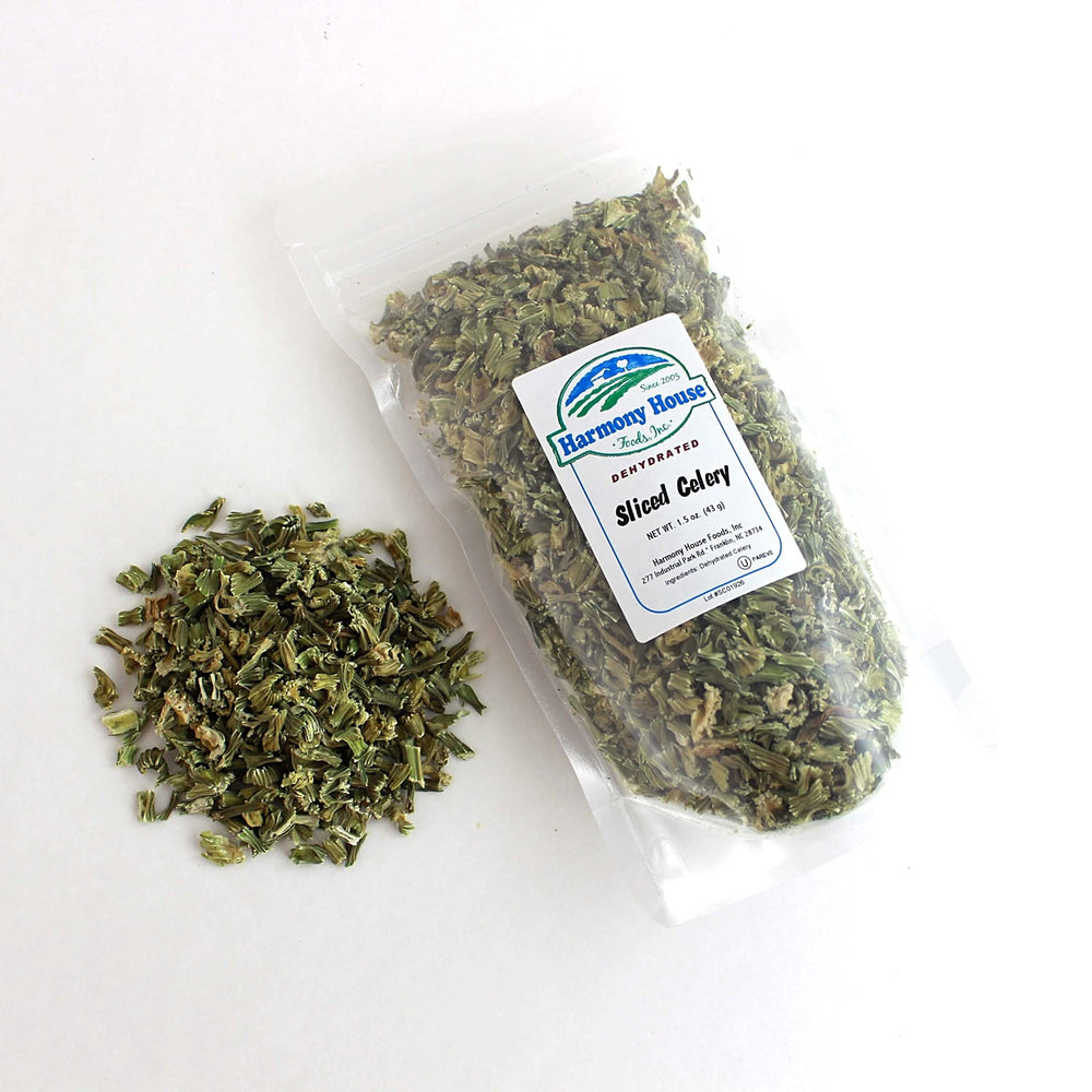 Harmony House dehydrated celery crosscut zip pouch closeup with resealable lid