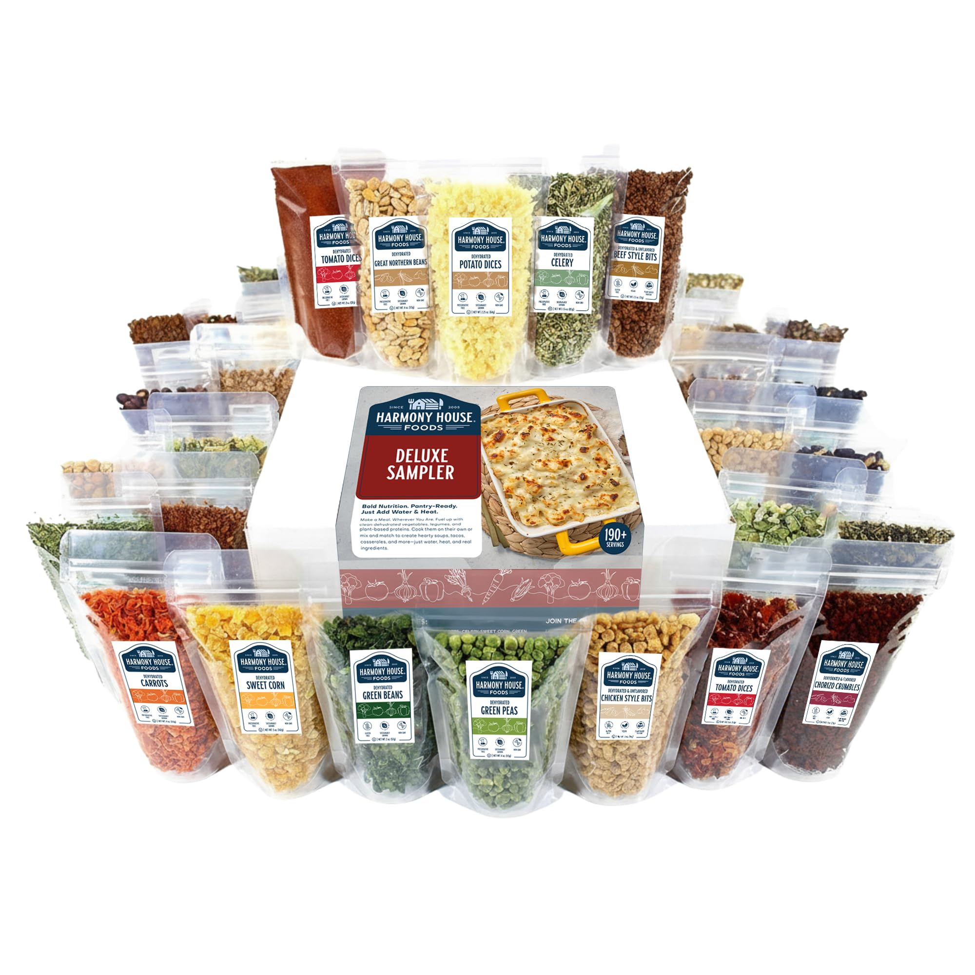 Harmony House Deluxe Sampler 32-count pack enables quick, versatile meals.