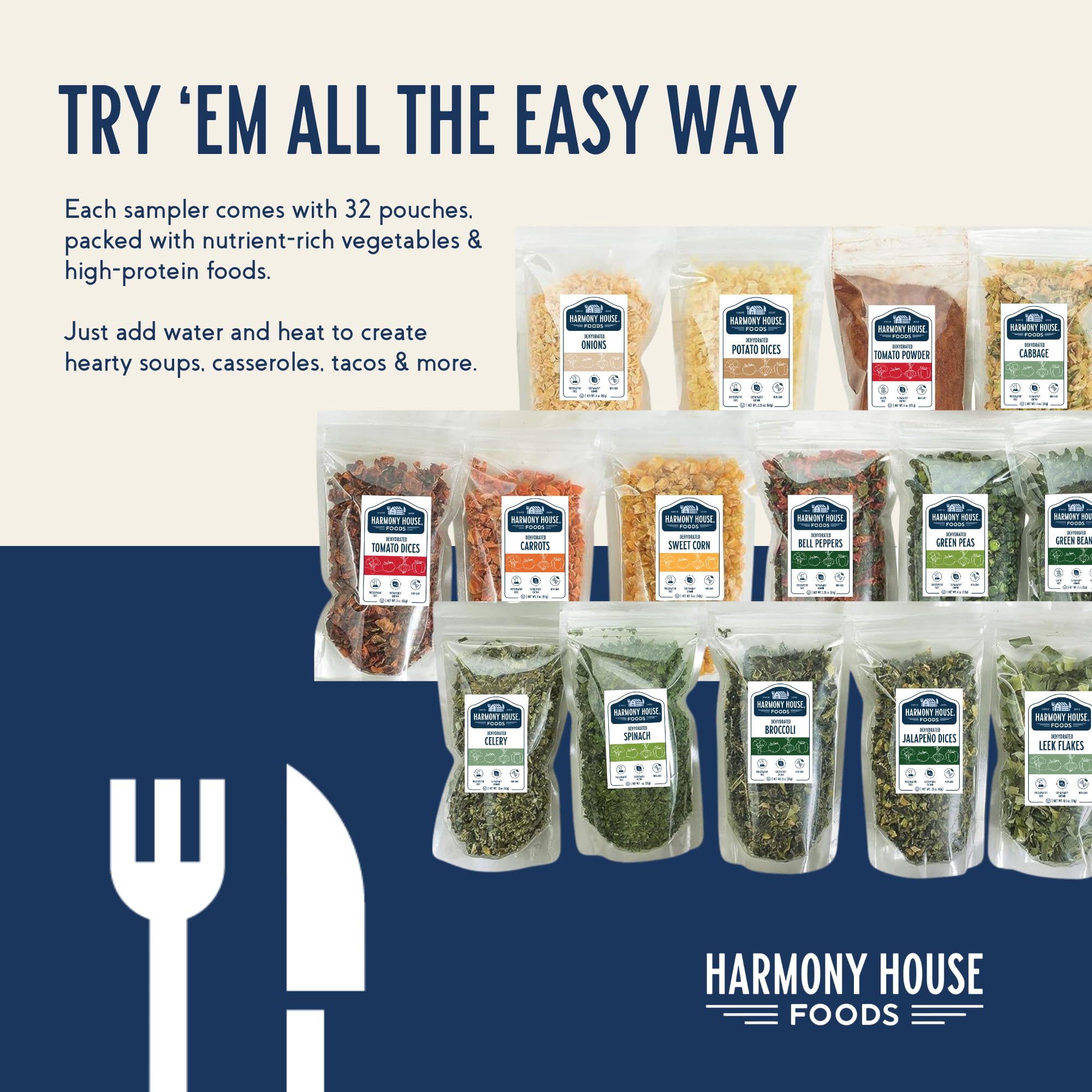 Harmony House Deluxe Sampler beans and lentils offer plant-based protein options.