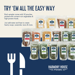 Harmony House Deluxe Sampler beans and lentils offer plant-based protein options.