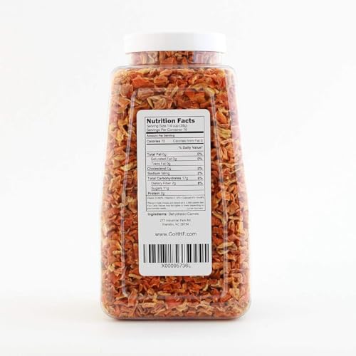 Harmony House diced carrots closeup show uniform size ideal for stews and casseroles.