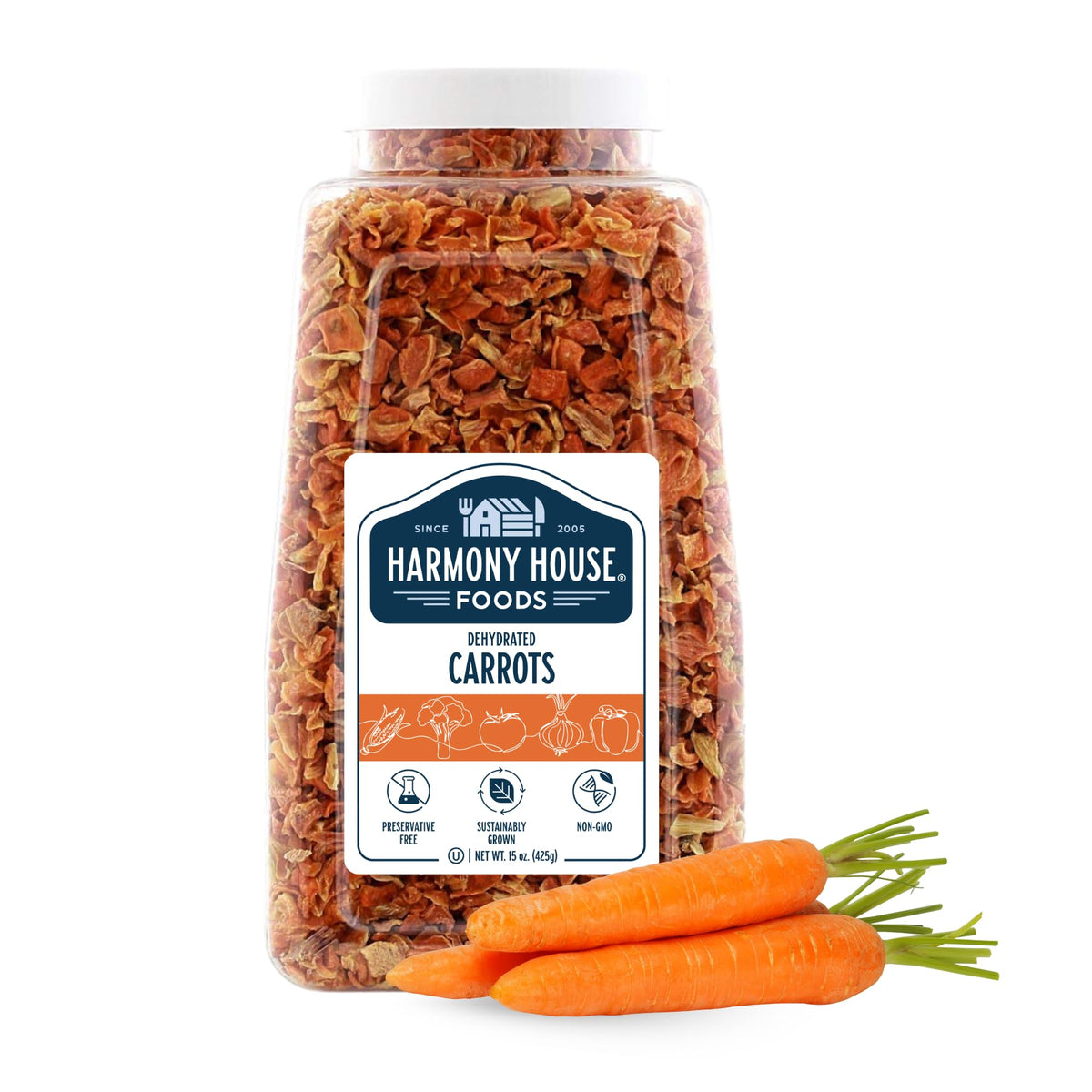 Harmony House dried carrots jar full for quick soup prep and shelf-stable meals.