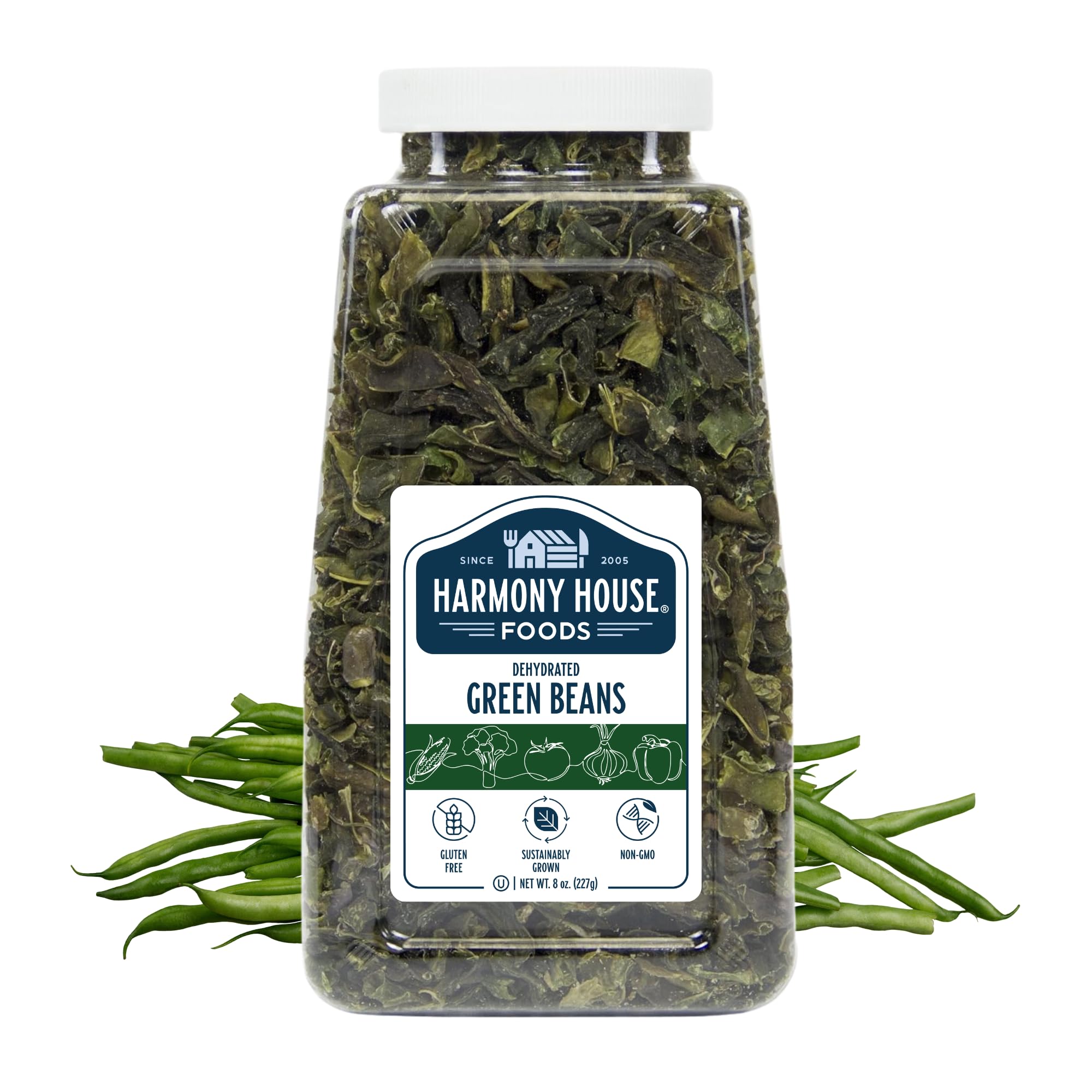 Harmony House Dried Green Beans in a jar for easy pantry storage