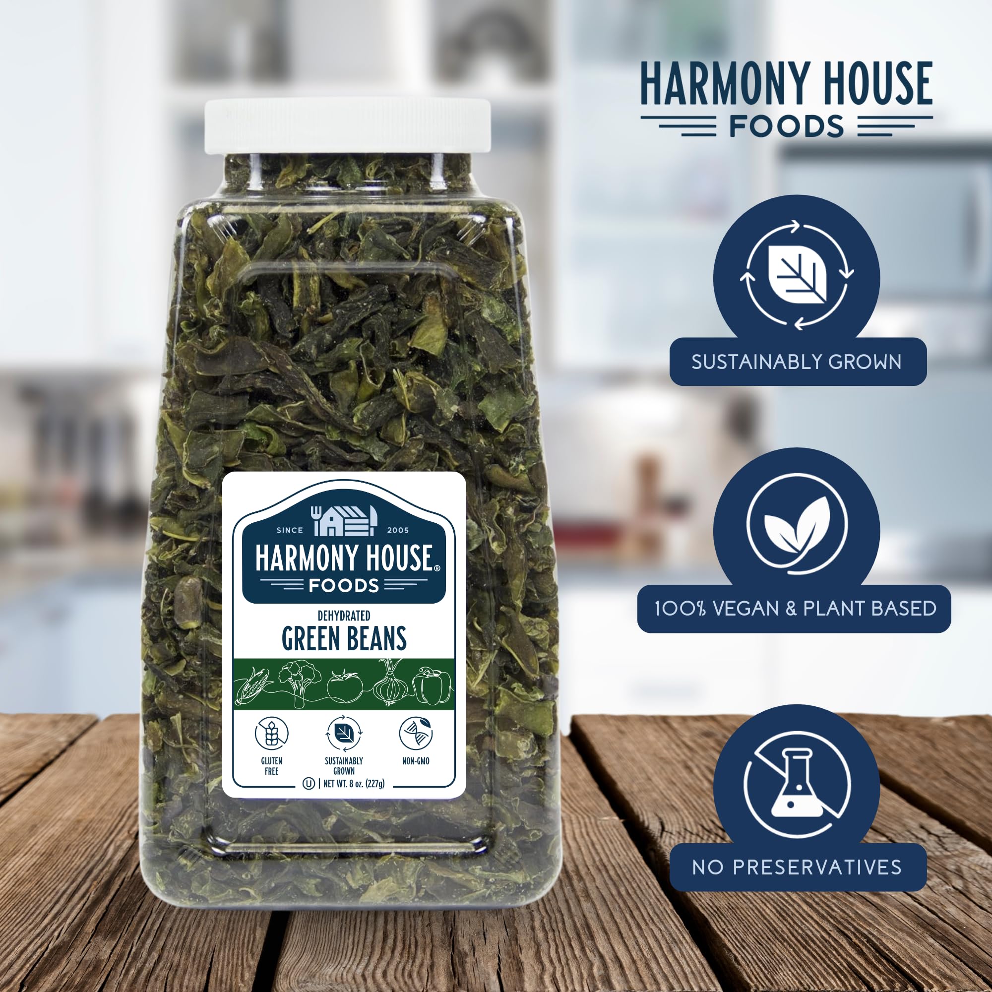 Harmony House Dried Green Beans label close-up showing freshness seal