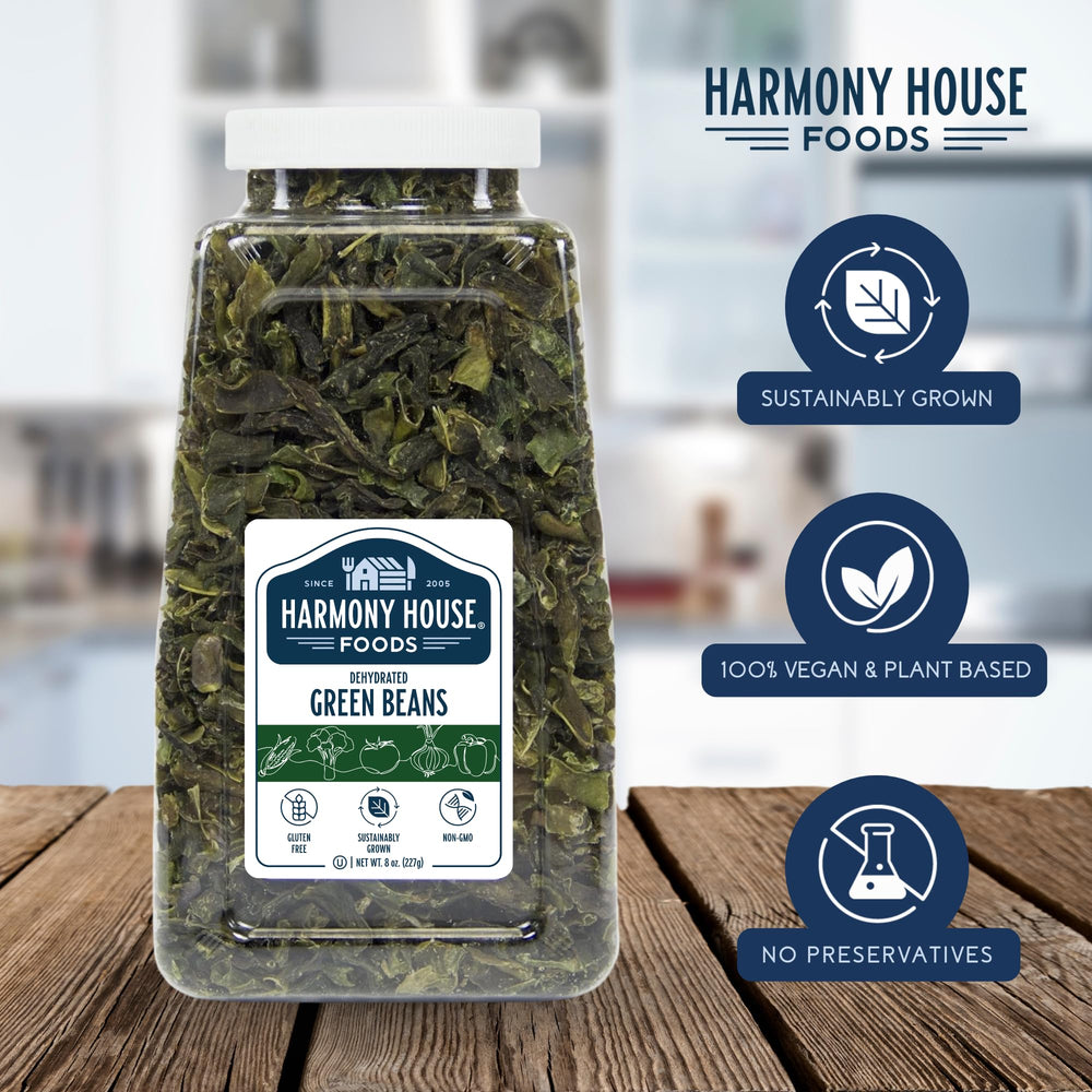 Harmony House Dried Green Beans label close-up showing freshness seal