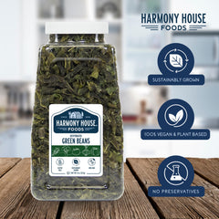 Harmony House Dried Green Beans label close-up showing freshness seal