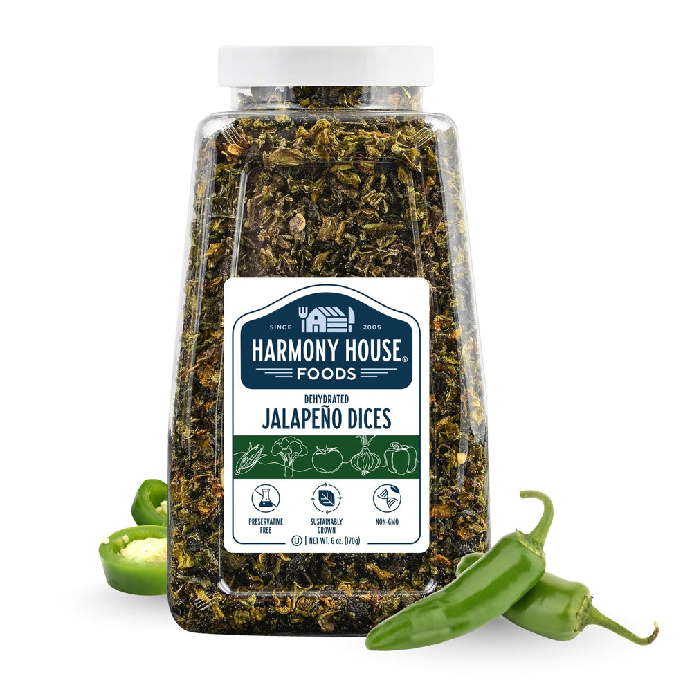 Harmony House dried jalapeno peppers in jar front for versatile cooking.