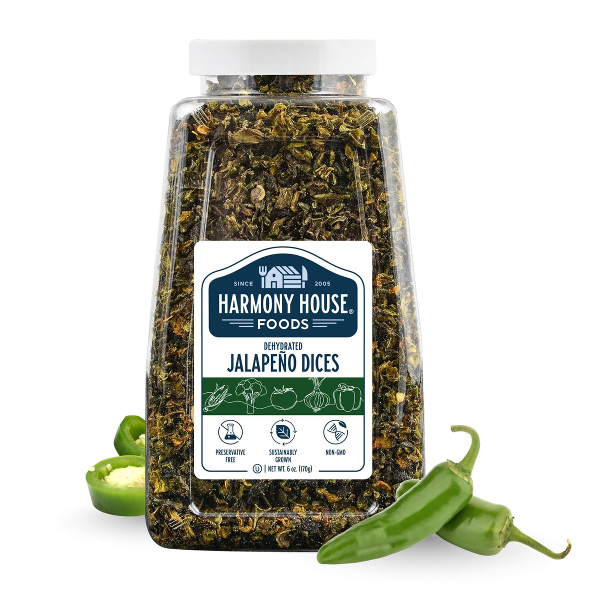 Harmony House dried jalapeno peppers in jar front for versatile cooking.