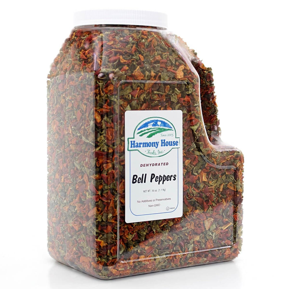 Harmony House dried peppers ingredients show red and green mix, no additives and full versatility.
