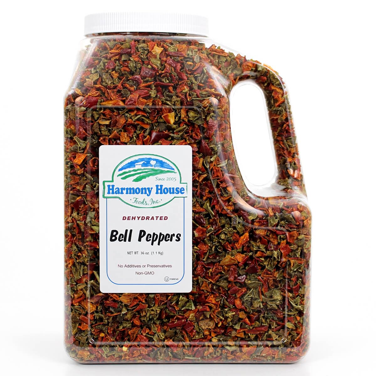 Harmony House dried mixed bell peppers in a jar front, ready to flavor soups and stews.