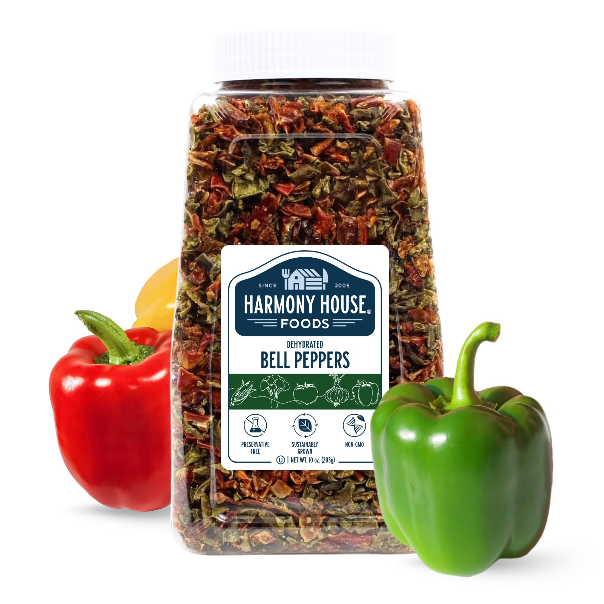 Harmony House dried mixed peppers in a jar, ready for quick, flavorful cooking.