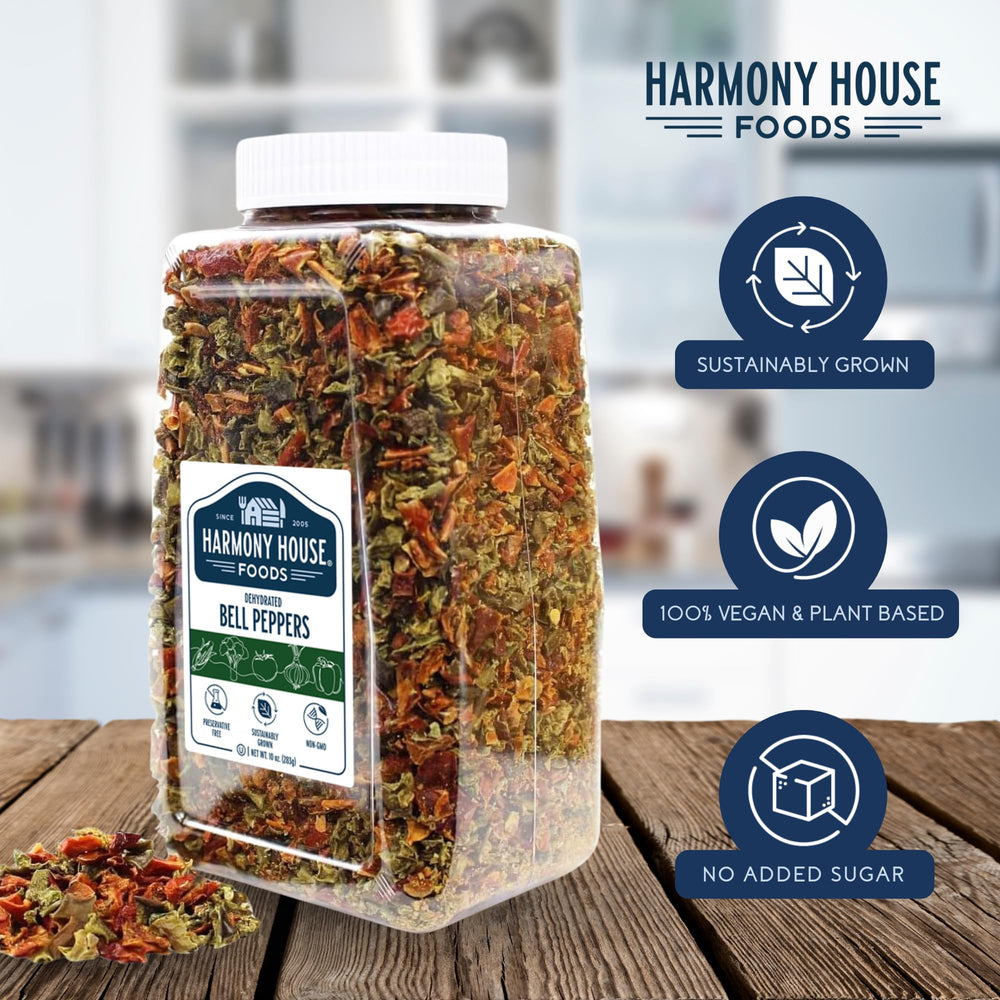 Harmony House diced peppers in a pile add color and aroma to recipes.