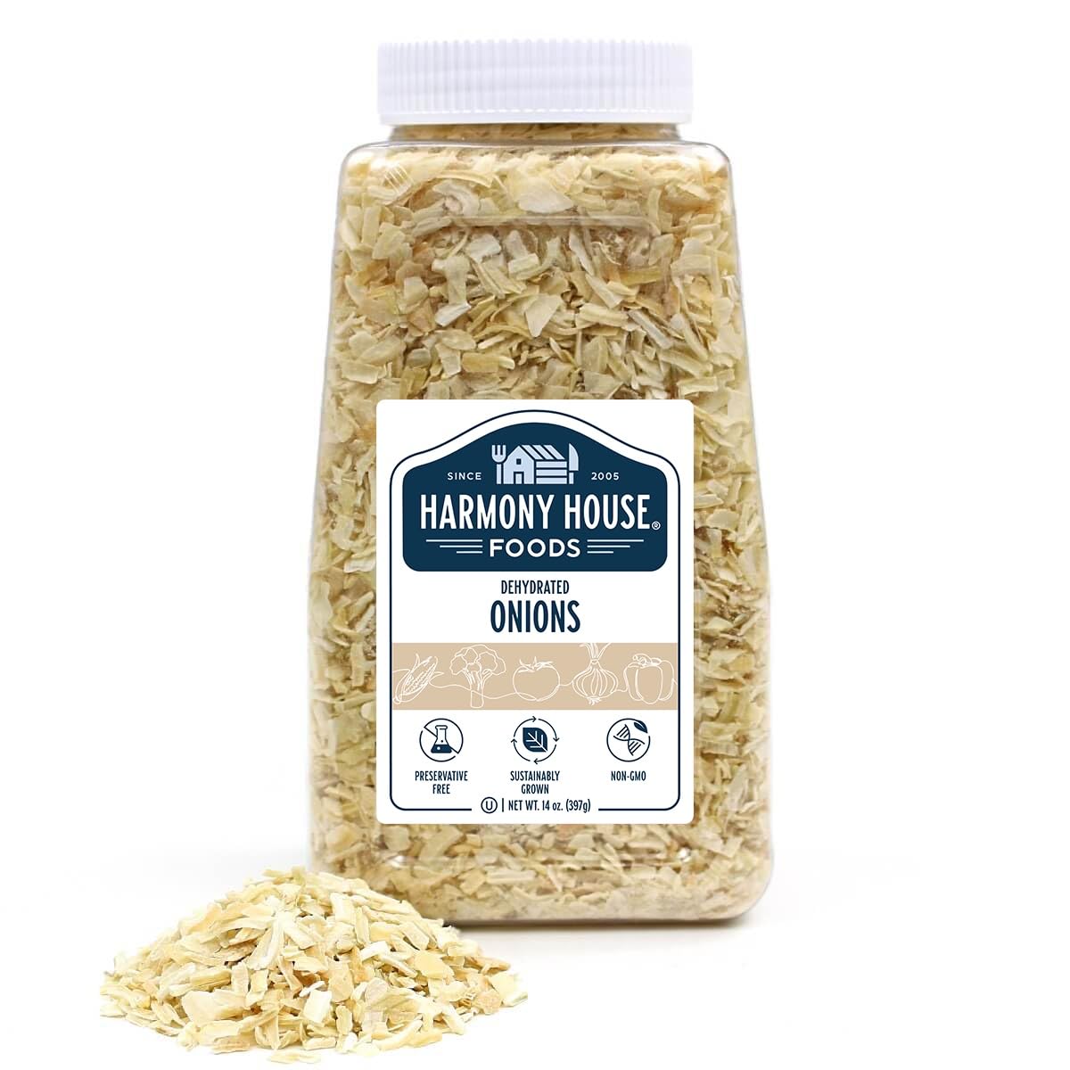 Close-up of Harmony House dried onions chopped showing texture and quality.