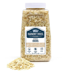 Close-up of Harmony House dried onions chopped showing texture and quality.
