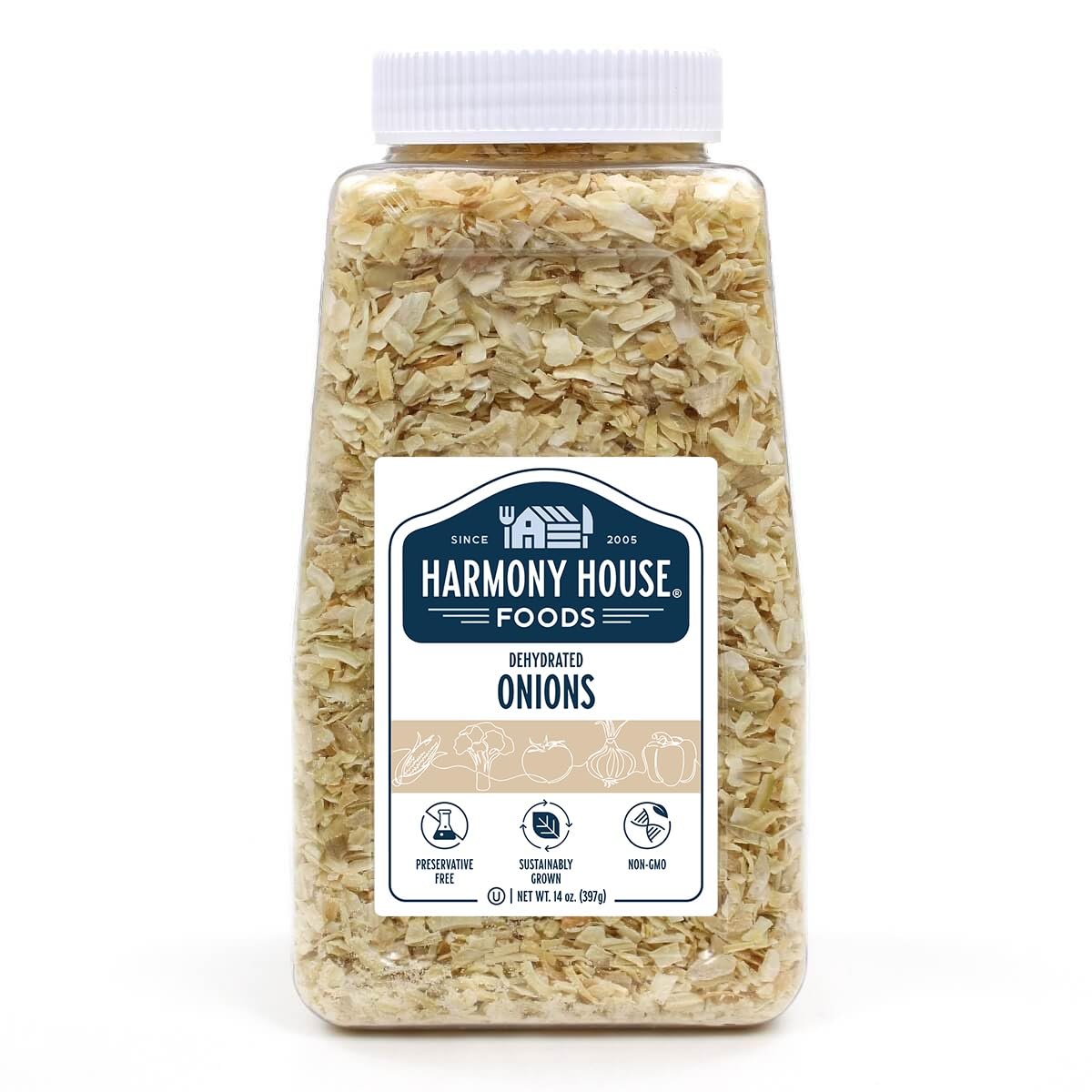 Harmony House dried onions chopped jar front for pantry staple and quick flavor boost.