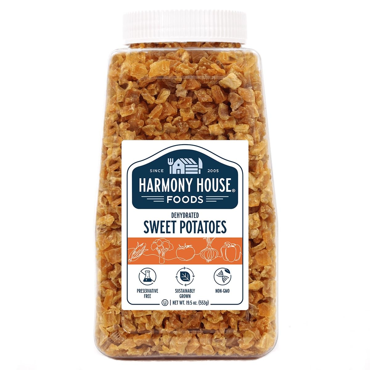 Harmony House dried sweet potato dices in a quart jar, ready for quick meals.