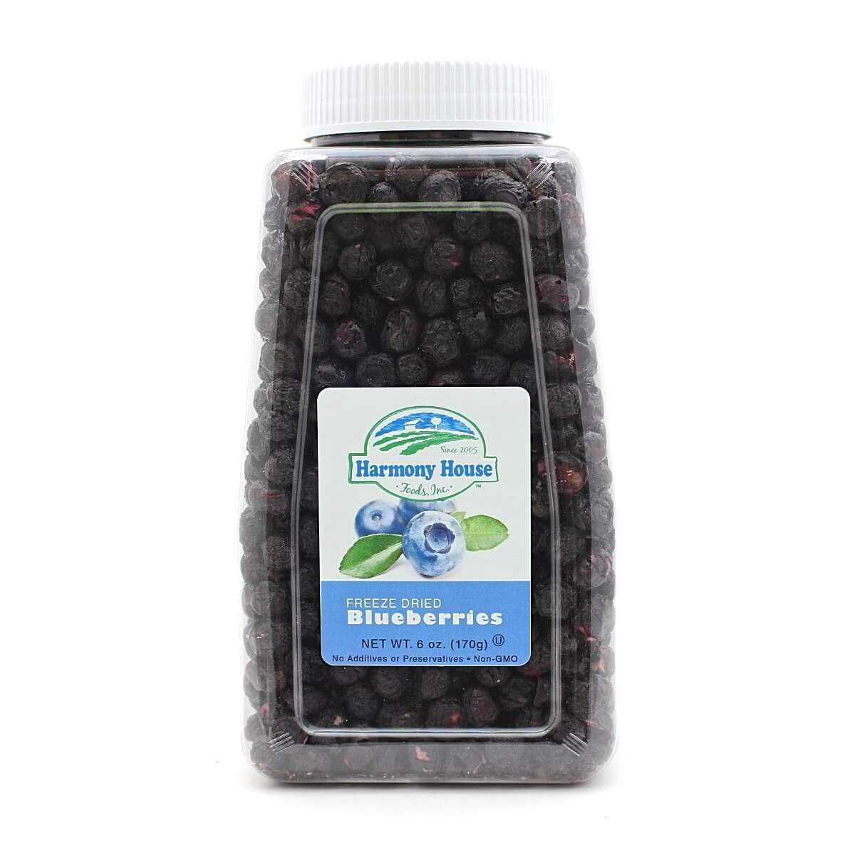 Harmony House Freeze-Dried Blueberries in a jar, vibrant color and long-lasting freshness.