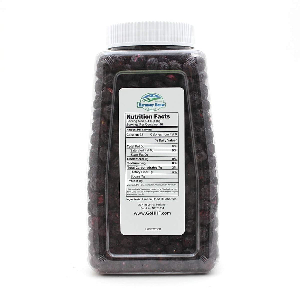 Harmony House freeze-dried blueberries package, convenient quart-size jar for sharing.