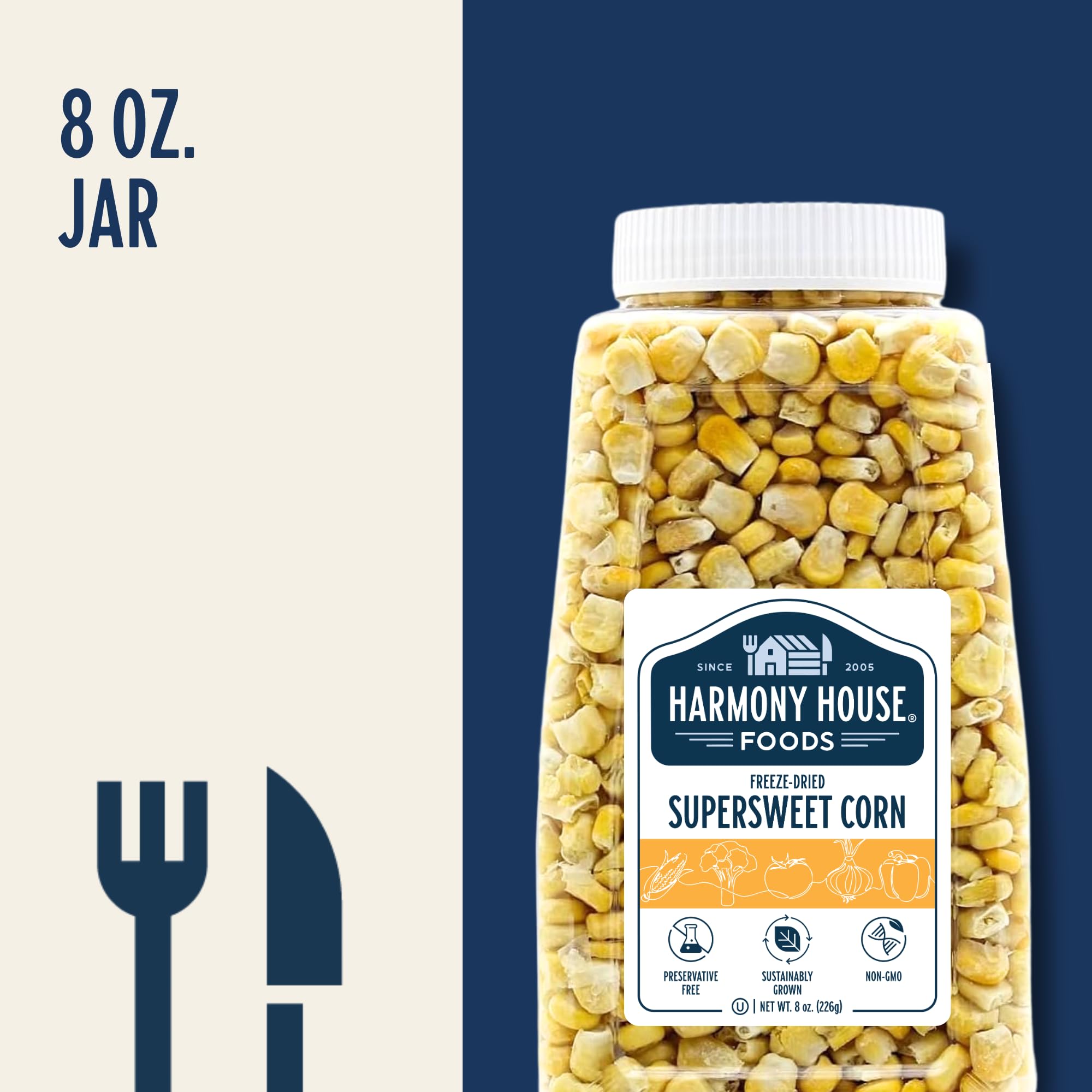 Harmony House jar packaging shows durable quart jar keeping corn fresh.