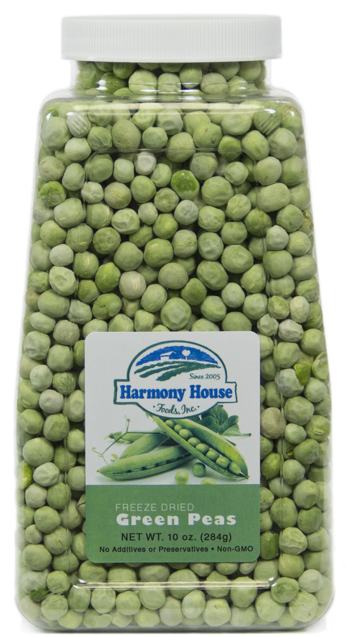 Harmony House freeze-dried whole peas jar front view, convenient pantry staple for quick meals.