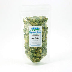 Harmony House leek flakes closeup highlights crisp garden-flavor flakes for cooking.