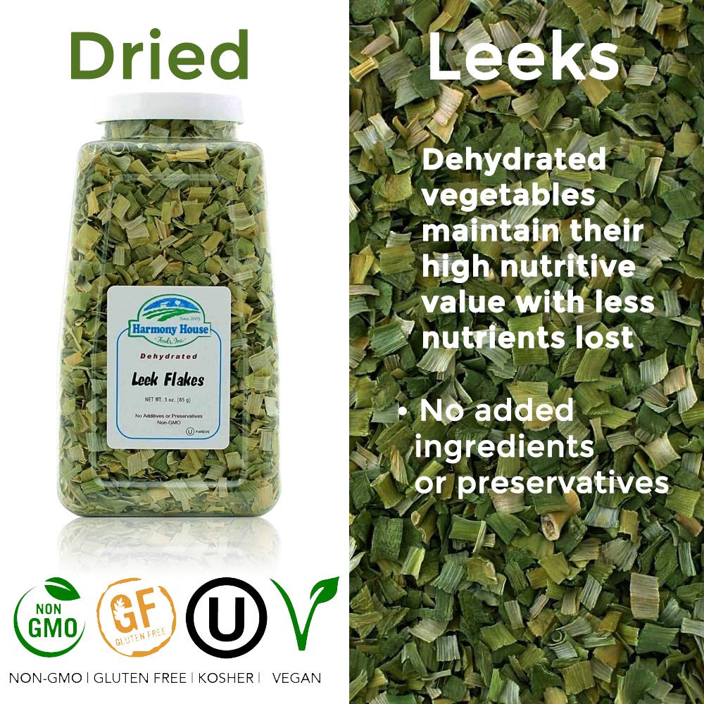 Harmony House leek flakes in soup image adds garden-fresh depth.