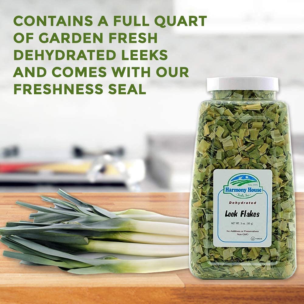 Harmony House leek flakes kitchen-counter display for everyday cooking.