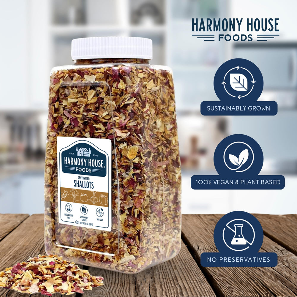 Harmony House Premium Dehydrated Shallots bowl display for easy seasoning.