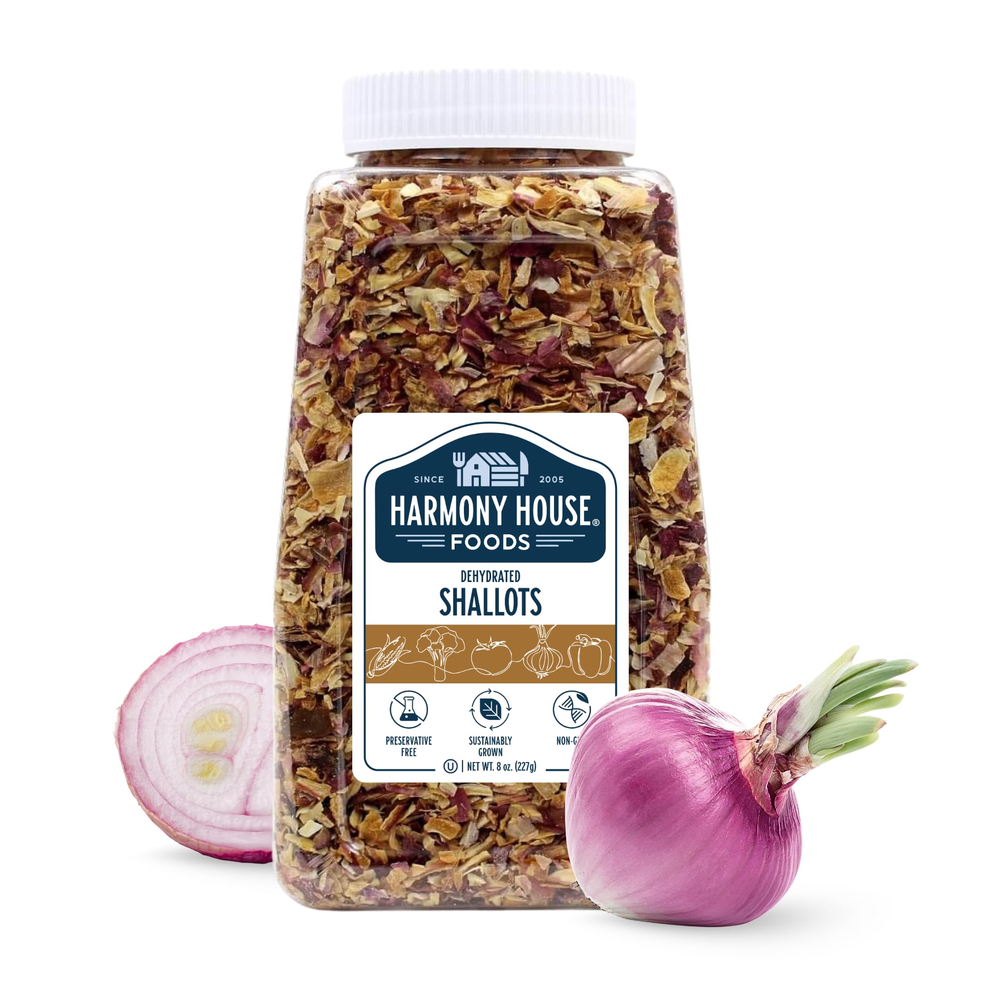 Harmony House Premium Dehydrated Shallots jar ready for quick meals.