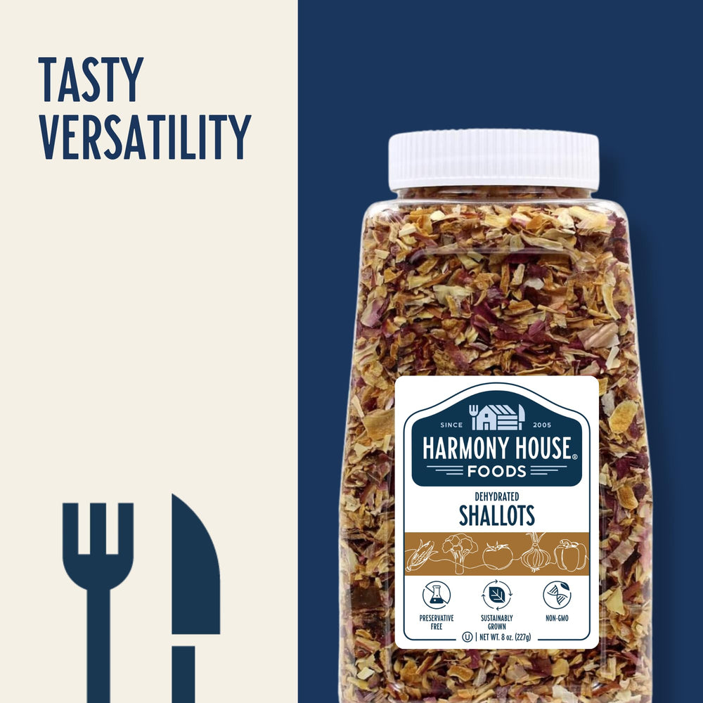 Harmony House Dehydrated Shallots kitchen scene emphasizes pantry staple value.