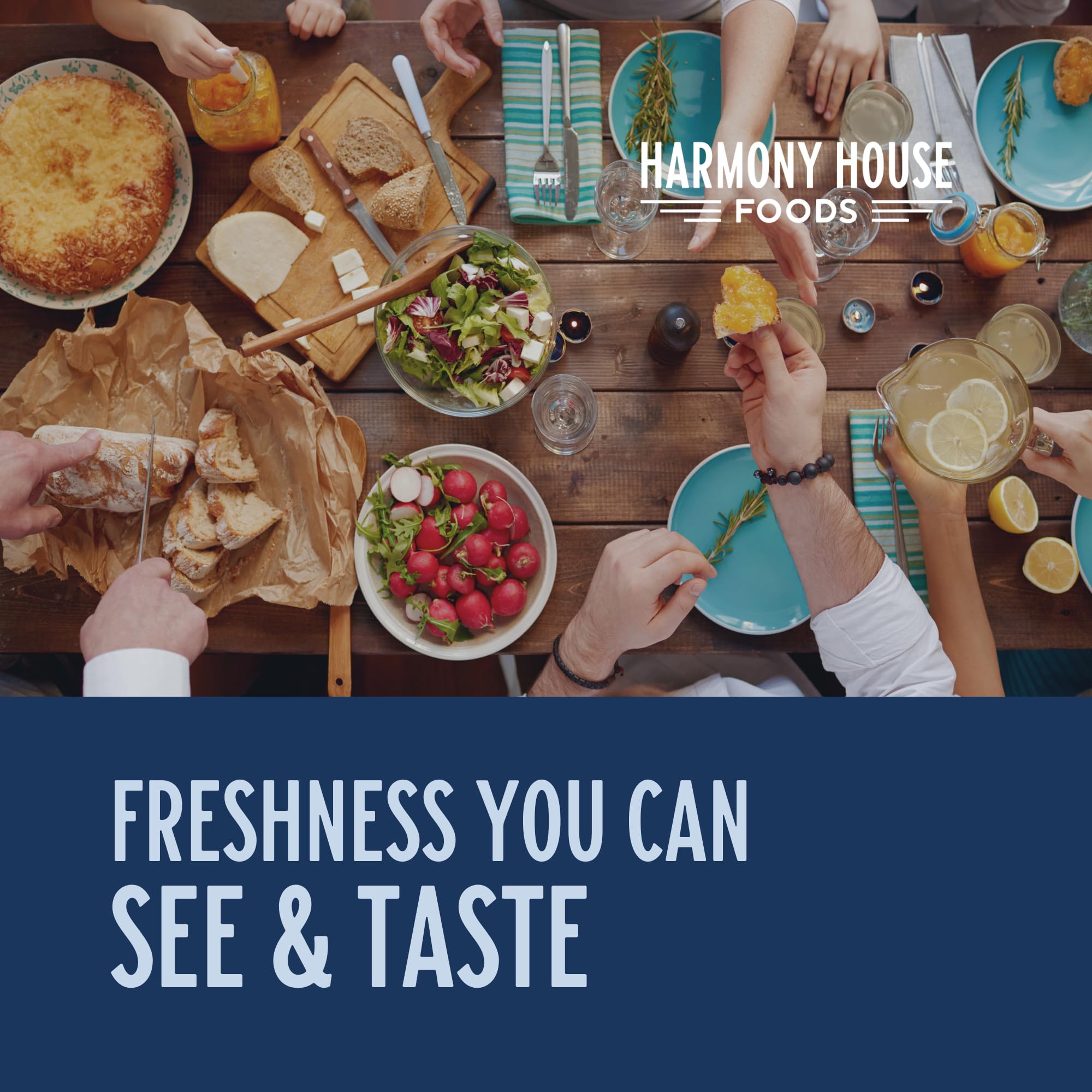 Harmony House Premium Dehydrated Shallots packaging highlights farm-sourced quality.