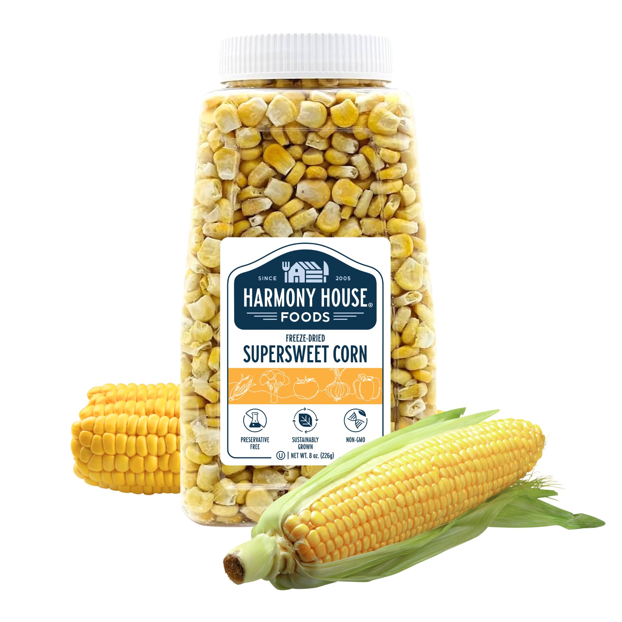 Harmony House Premium Sweet Corn Freeze-Dried Jar, convenient shelf-stable snack option.