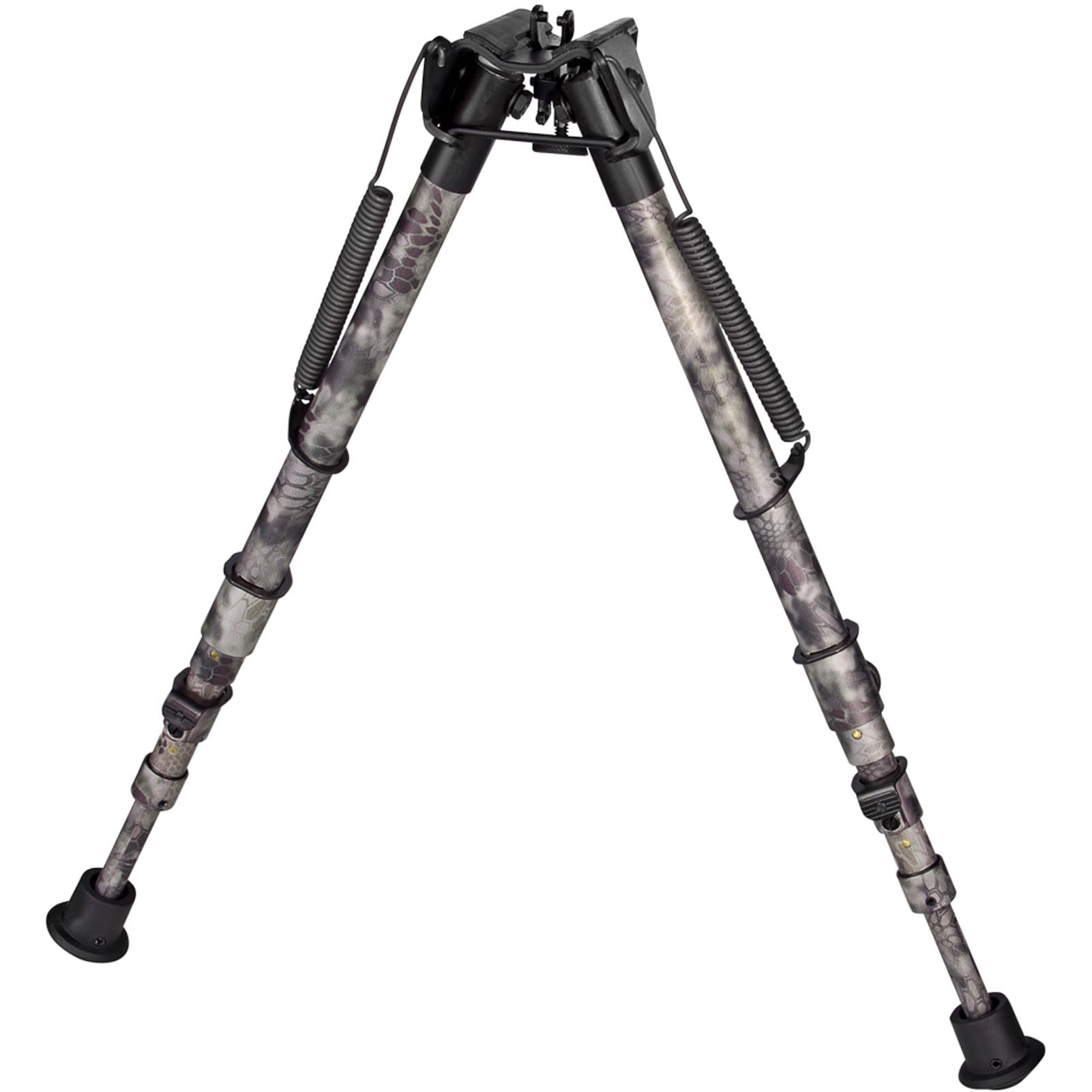 Harris Engineering 1A2-25CCAMO bipod adjustable height range for versatile shooting positions.