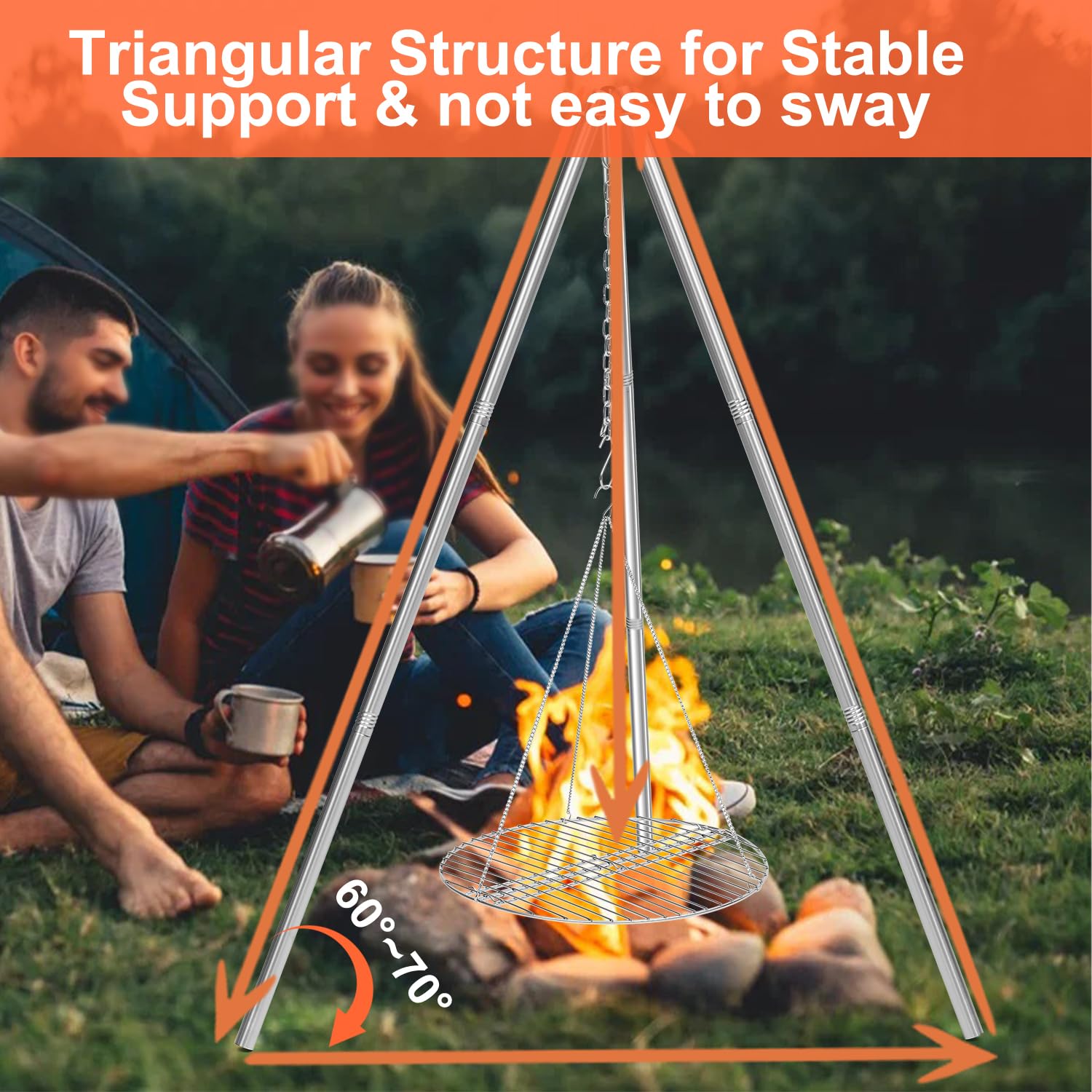 HaSteeL camping tripod hanging hooks enable adjustable heat and accessories.