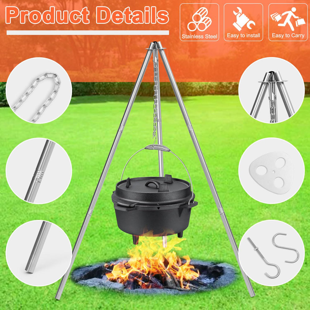 HaSteeL camping tripod stable legs for safe grilling on uneven ground.