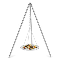 HaSteeL camping tripod close-up reveals durable stainless tubes for rugged outdoor cooking.