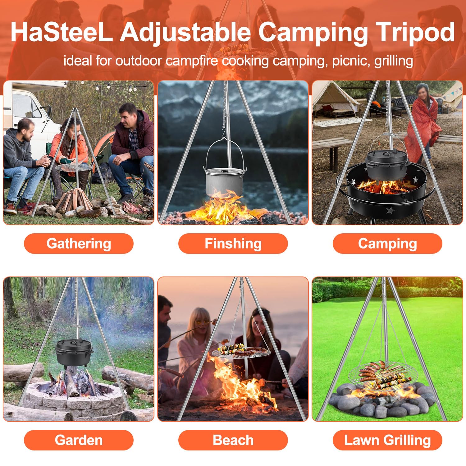 HaSteeL camping tripod versatile use for lanterns, drying, and cooking.
